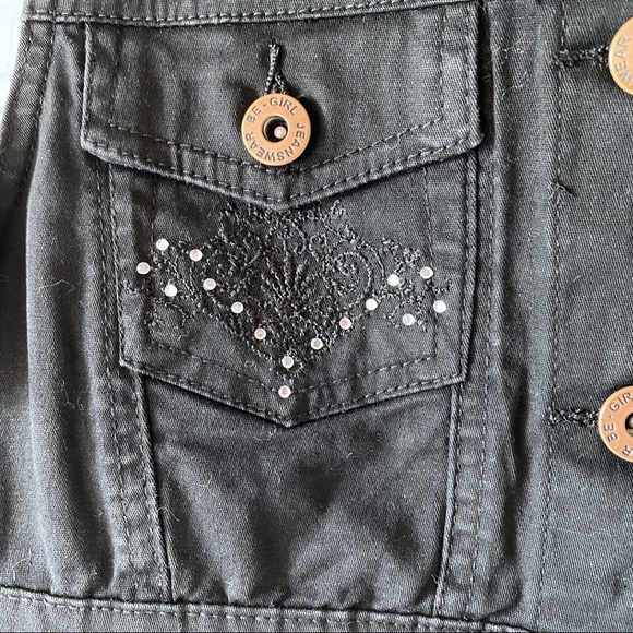 Be Girl Women Juniors Black Rhinestone Crochet Denim Crop Shirt Vest Stretch M L - Picture 4 of 11